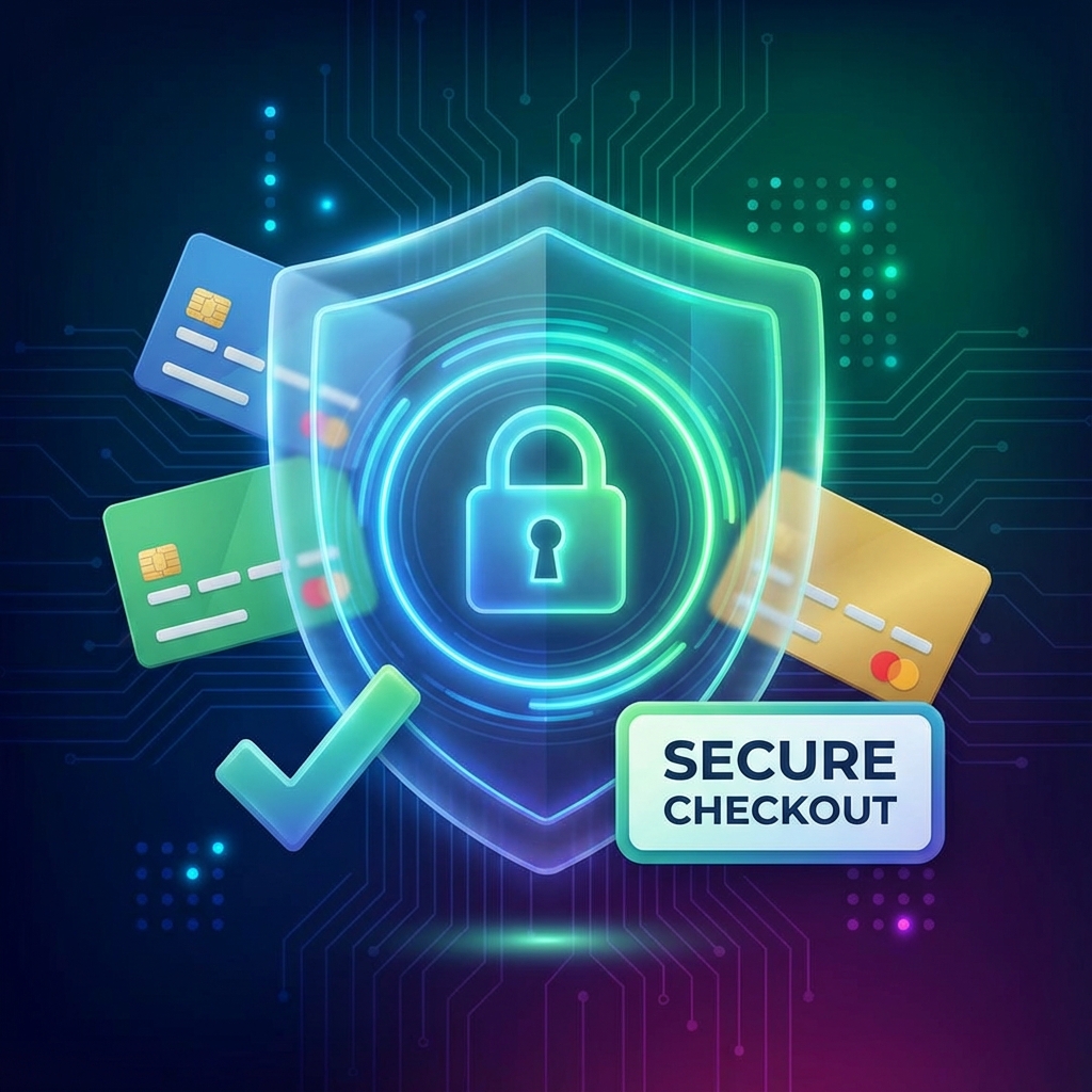 Illustration of secure checkout with SSL lock icon